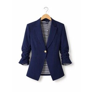 John Paul Richard Navy Blue Single Button Ruched Sleeves Lined Cut Away Blazer